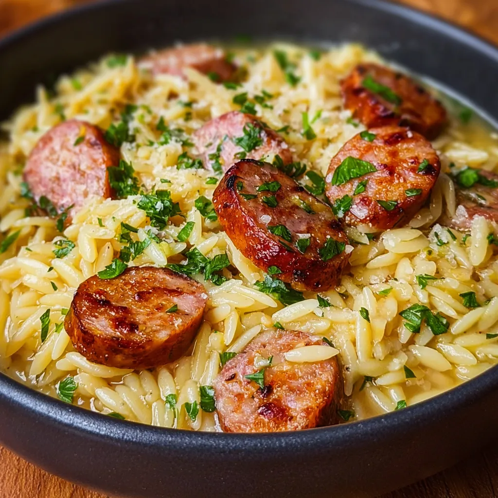 A bowl of pasta with sausage and green herbs.