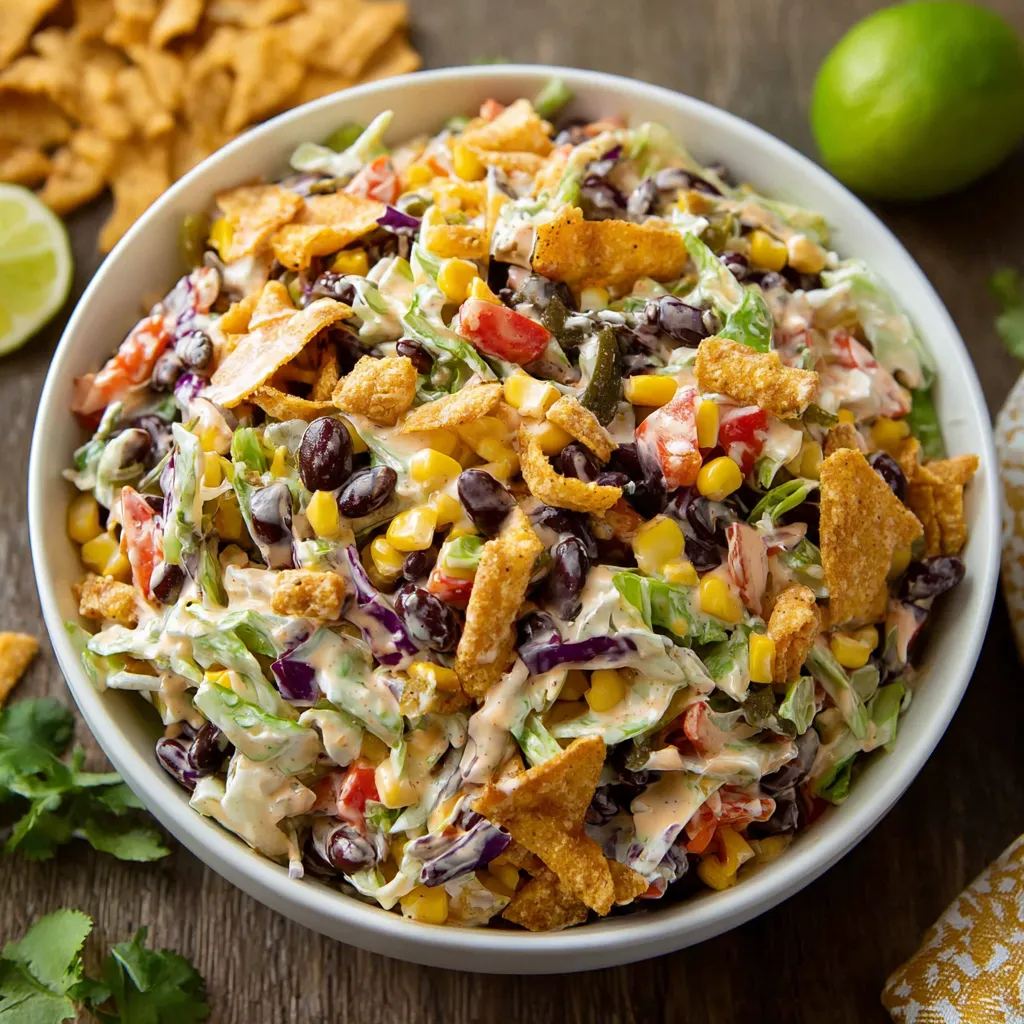A bowl of salad with chips and limes.