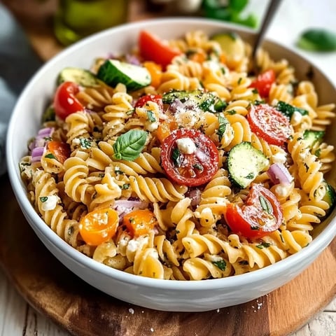 A bowl of pasta with tomatoes, cucumbers, and basil.