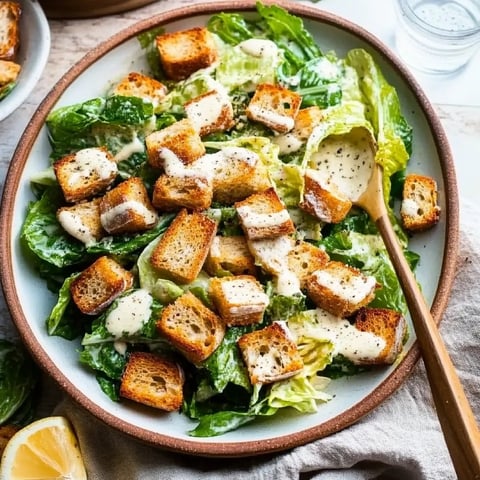 A bowl of salad with bread croutons and a lemon wedge.