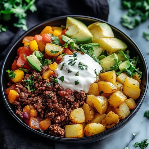 A bowl of food with potatoes, avocado, and sour cream.