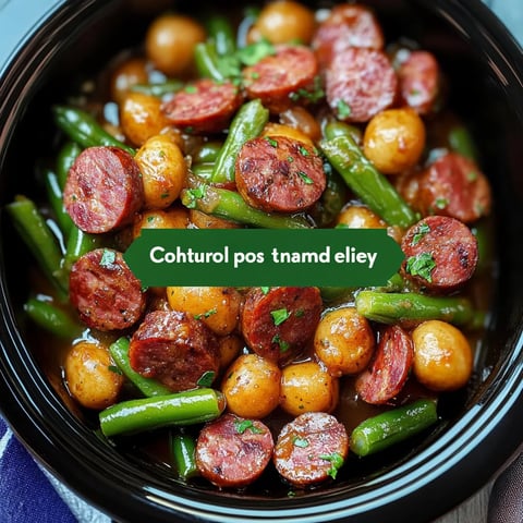 A bowl of food with sausage, beans, and green beans.