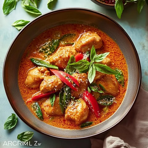 A bowl of food with green leaves and red peppers.