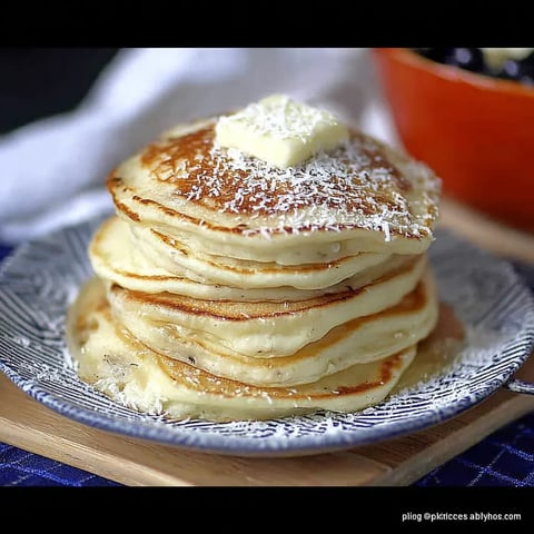 A stack of pancakes with powdered sugar on top.