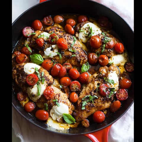 A pan of food with tomatoes and cheese.