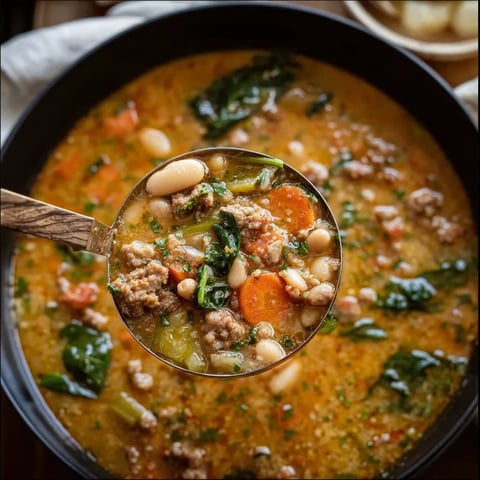 A spoon is in a bowl of soup.