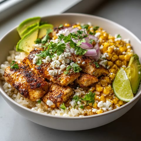 A bowl of food with rice, corn, and chicken.