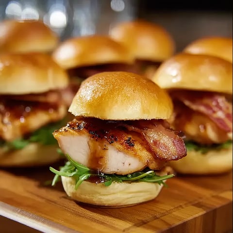 Bacon and chicken sandwiches on a wooden tray.