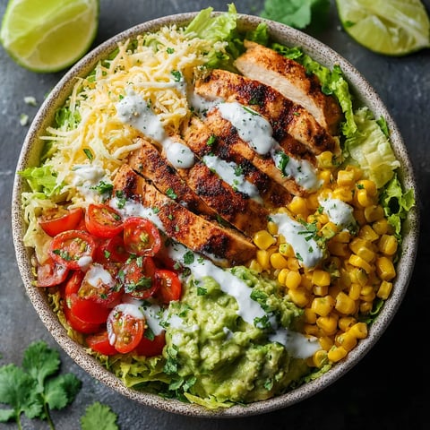 A bowl of food with chicken, corn, tomatoes, and avocado.