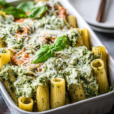 A dish of pasta with cheese and spinach.