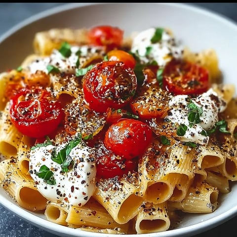 A bowl of pasta with tomatoes and cheese.