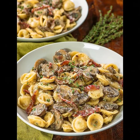 A bowl of pasta with mushrooms and tomatoes.