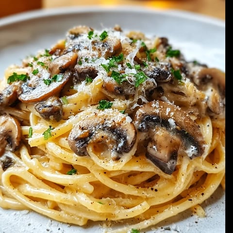 A plate of pasta with mushrooms and cheese.