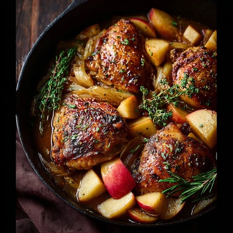 A pan of chicken with onions and apples.