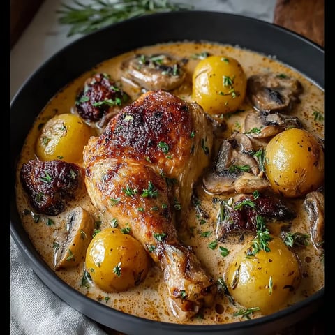 A bowl of food with chicken and mushrooms.