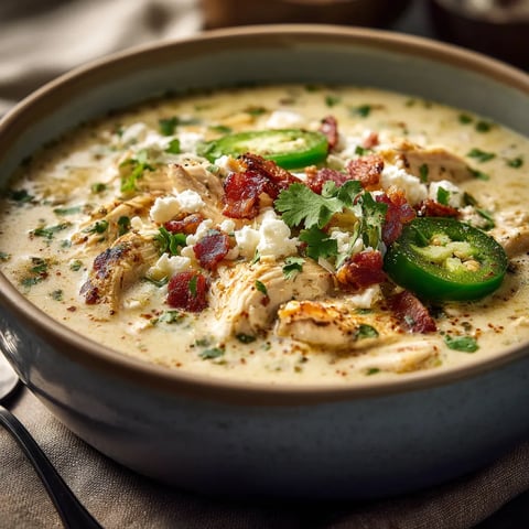 A bowl of soup with chicken, cheese, and green peppers.