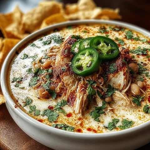 A bowl of soup with chicken and jalapenos.