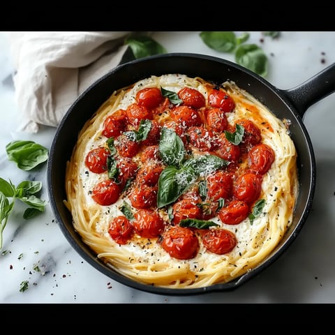 A pan of pasta with tomatoes and basil.