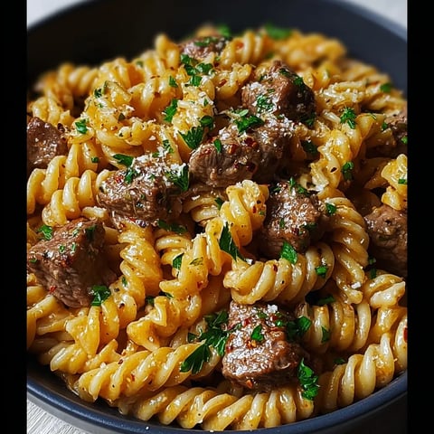 A bowl of pasta with meatballs and herbs.