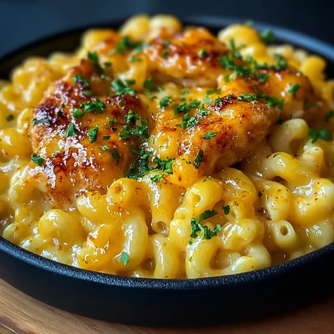 A bowl of macaroni and cheese with chicken.