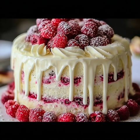 A cake with white frosting and red raspberries.