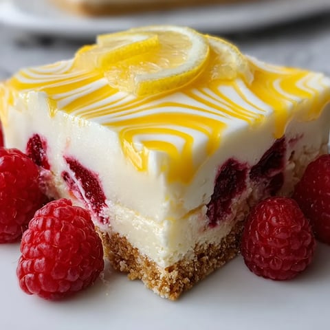 A slice of lemon cheesecake with raspberries on top.
