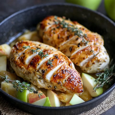 A pan of chicken with herbs and apples.